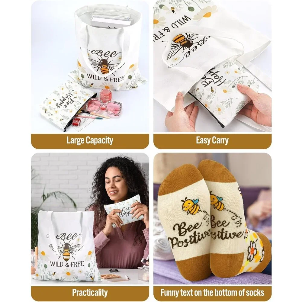 Bee Gift Set Canvas Tote Makeup Bag Socks For Women Nature Lovers - Picture 4 of 6